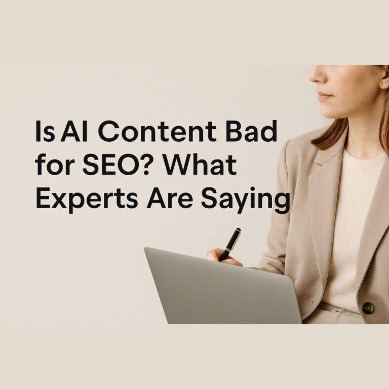 photo showing marketing and SEO expert with a laptop and a pen in her hands discussing the impact of AI-generated content on search rankings,