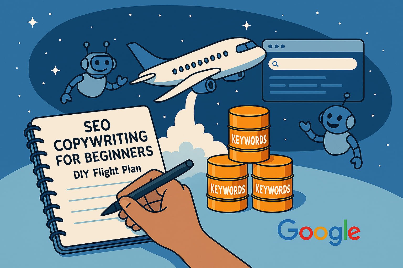 Animated illustration explaining SEO copywriting for beginners, featuring an airplane taking off as a metaphor for a DIY flight plan in the AI era. Keywords are shown as fuel, search engine results pages as a galaxy, and AI bots assisting with navigation. A person writes the flight plan in a notebook with the Google logo.
